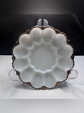 Vintage Fire King White Milk Glass Deviled Egg Serving Dish 10” W/Gold Trim